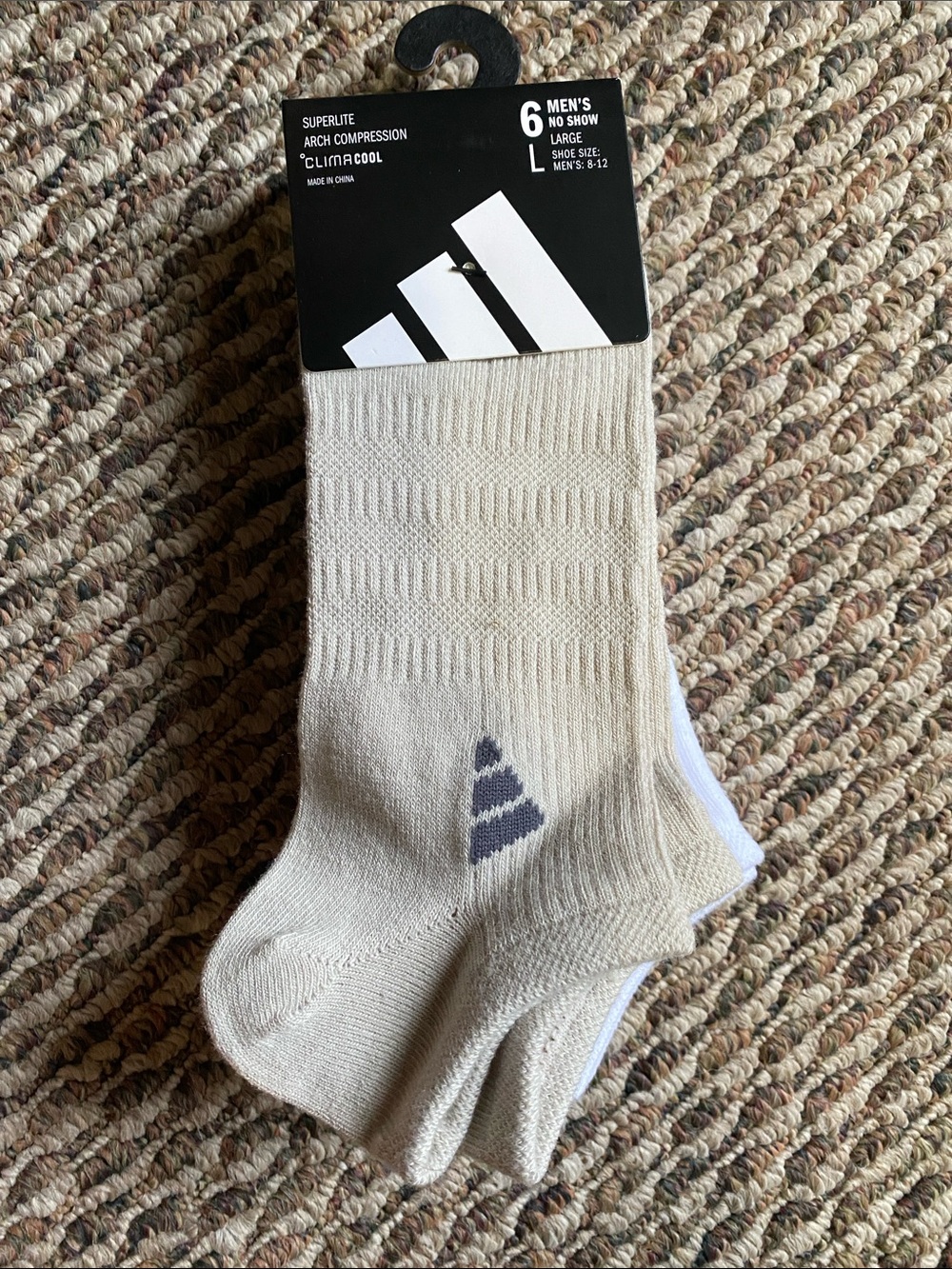 adidas Men’s No-Show Athletic Socks in Beige and White Logo (6 Pack)